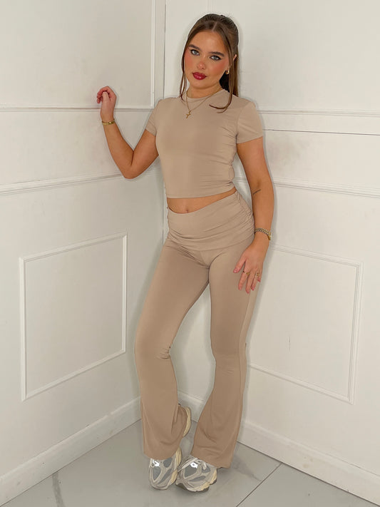 Short Sleeve Round Neck Top & Flares Co-Ord Second Skin - Mocha