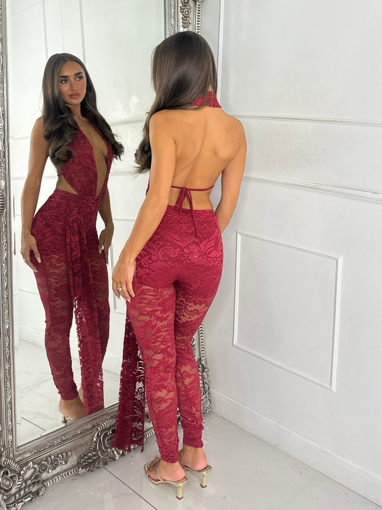 Lucia Lace Halter Jumpsuit - Wine
