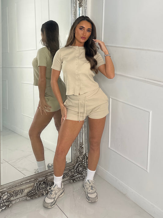 Round Neck Button Up Ribbed Top & Drawstring Shorts Co-ord - Beige