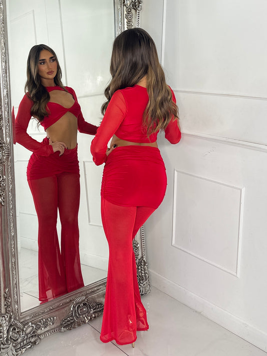 Cross Over Detail Mesh Contrast Top & Pants Co-Ord - Red