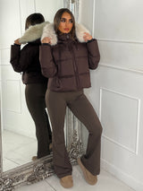 Cropped Faux Fur Trim Padded Jacket - Brown/Cream