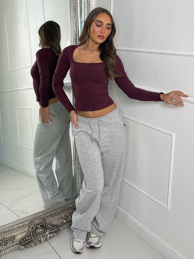 Square Neck Long Sleeve Sculpt Gym Top - Wine