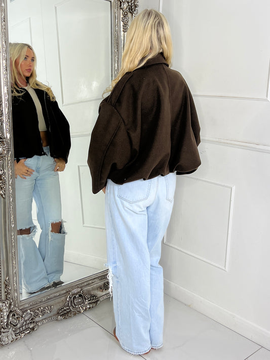 Collared Oversized Bomber Jacket - Brown