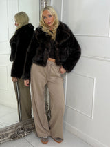 Cropped Collared Faux Fur Jacket - Brown