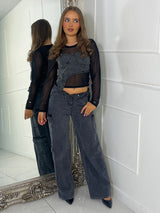 Long sleeve Denim Frill Corset Top - Black Mesh With Grey Denim