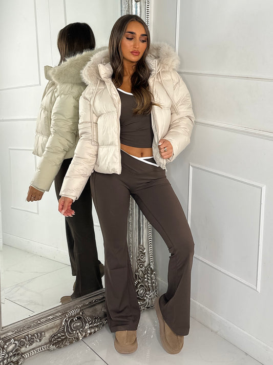 Cropped Faux Fur Trim Padded Jacket - All Cream