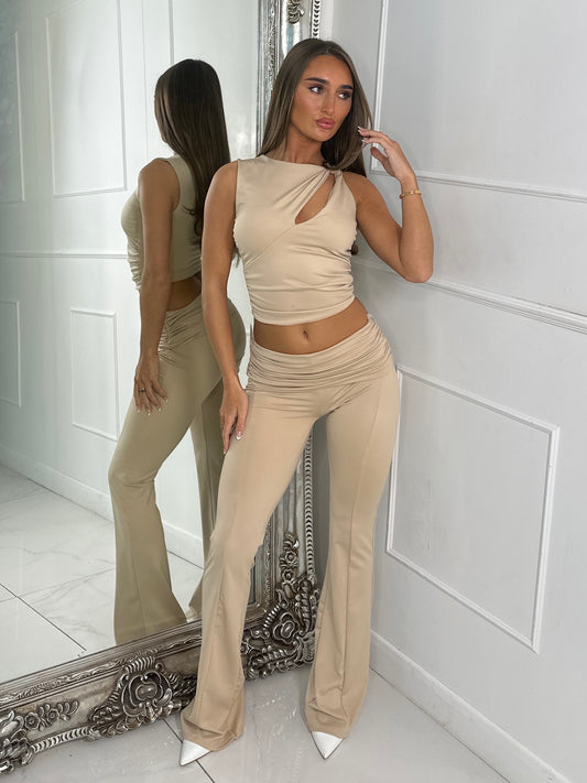 Slinky Foldover Flares and Cut Out Crop Top Co ord - Beige