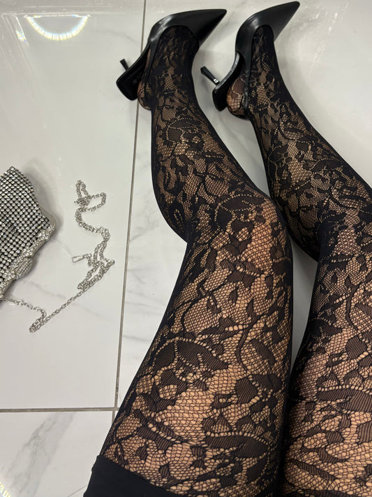 Lace Floral Pattern Tights - Black