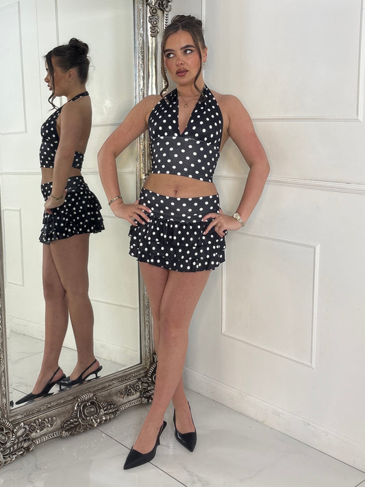 Polka Dot Halter Neck Top & Double Frill Skirt - Black