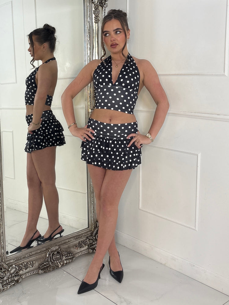 Polka Dot Halter Neck Top & Double Frill Skirt - Black