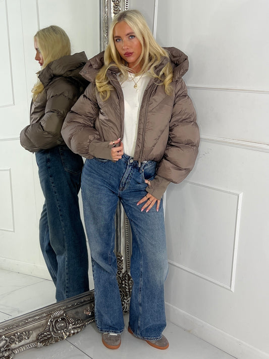 Puffer Coat With Detachable Hood - Taupe