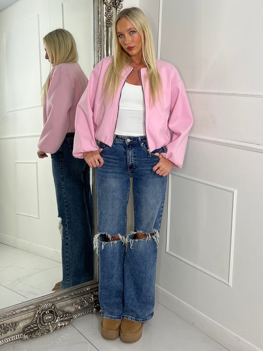 Puff Sleeve Bomber Jacket - Baby Pink