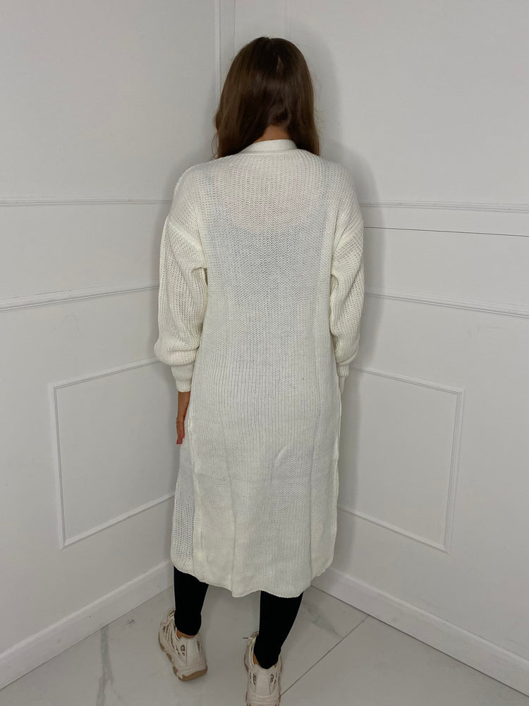 Balloon Sleeve Long Knitted Cardigan - White
