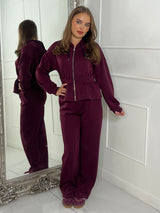 Straight Leg Trousers & Sinch Waist Detail Hoodie Co Ord - Wine