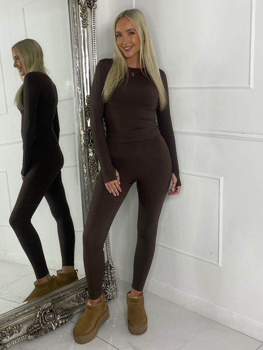 Long Sleeve Gym Top & Sculpt Leggings Set - Chocolate Brown