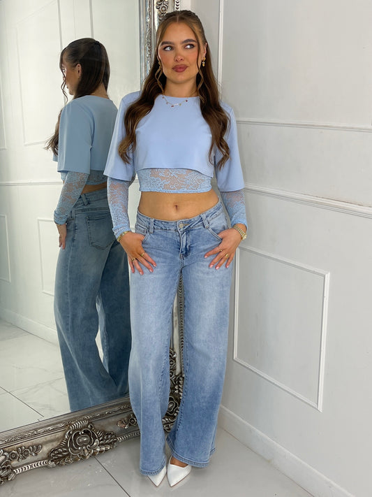 Round Neck Cropped Tee With Lace Bra Underlayer & Lace Sleeves - Baby Blue