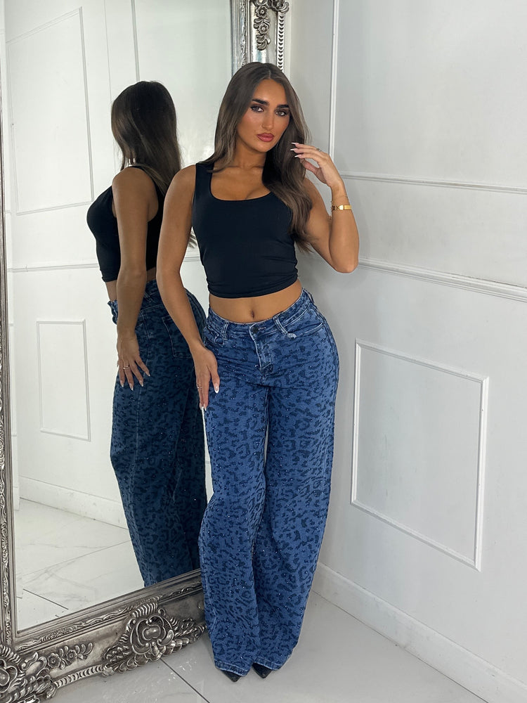 Leopard Diamante Detail Wide Leg Super Stretch Jeans - Denim Blue