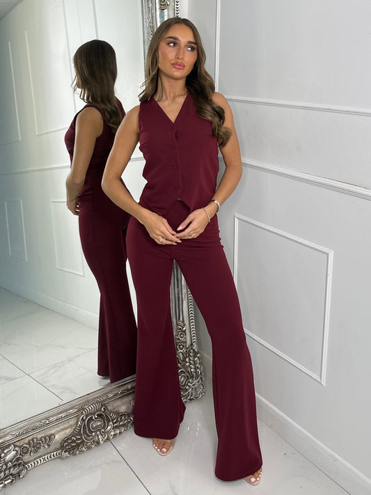 V neck Button Detail Waistcoat & Kick Flares Set - Wine