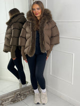 hooded puffer coat with faux fur trim - Brown