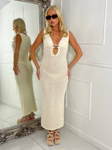 V-Neck Crochet Maxi Dress - Cream