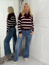1/4 Zip Striped Jumper - Wine / Cream