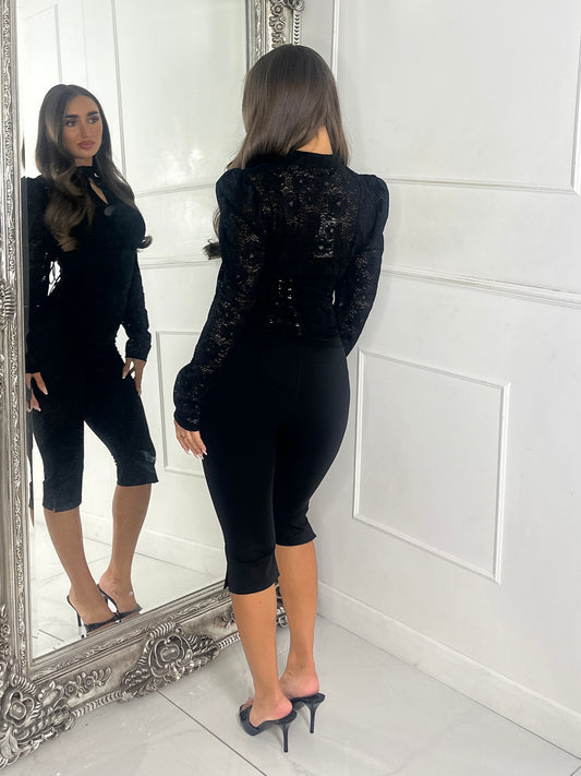 Lace Long Puff Sleeve Top with Waist Corset - Black