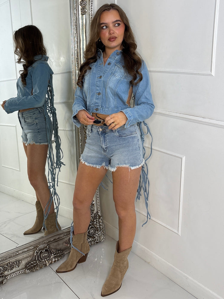 Open Back Knot Tassel Detail Denim Jacket - Light Wash