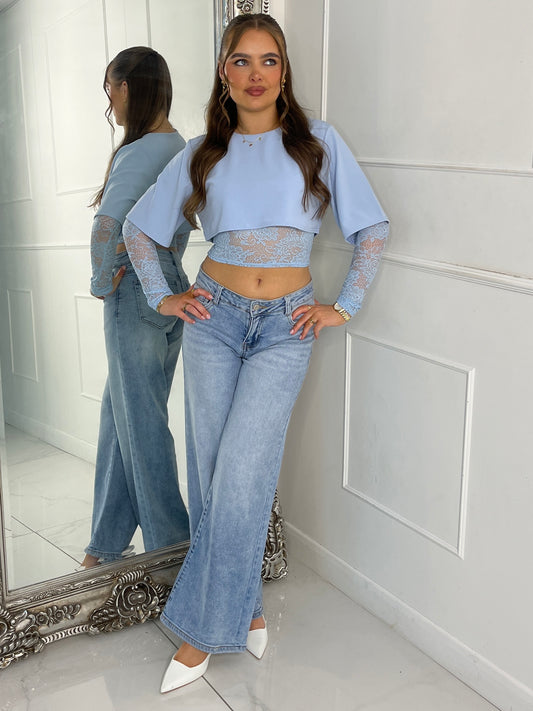 Round Neck Cropped Tee With Lace Bra Underlayer & Lace Sleeves - Baby Blue