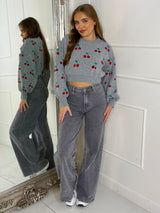 Cherry Cropped Knitted Jumper - Grey