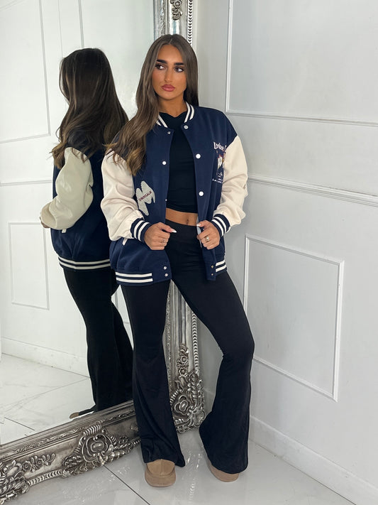 Embroidered Teddy Detail Varsity Jacket - Navy/Cream