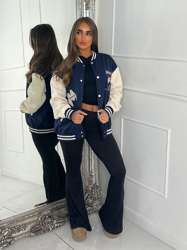 Embroidered Teddy Detail Varsity Jacket - Navy/Cream
