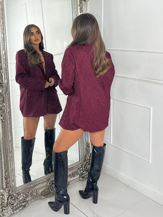 Lace Diamante Detail Oversized Blazer Dress - Wine