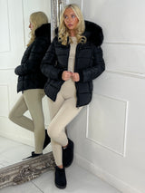 Padded Belted Coat With Faux Fur Hood - Black