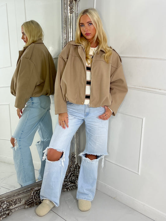 Collared Oversized Bomber Jacket - Beige
