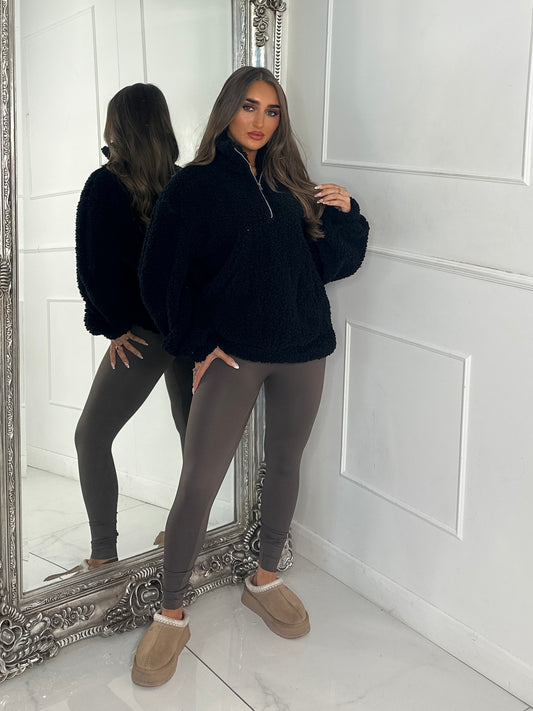 Plain Half Zip Teddy Fleece Jacket - Black