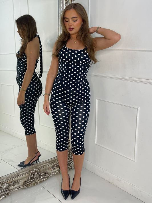 3 Piece Halter Neck Top , Corset & Capri Leggings - Black Polka Dot