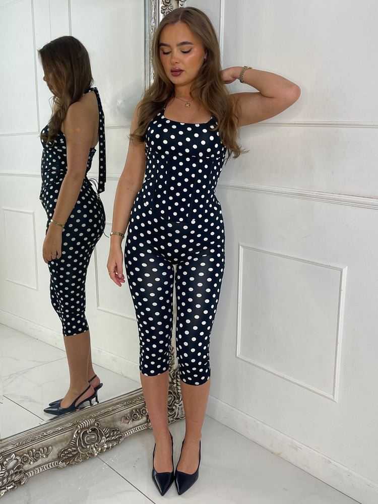 3 Piece Halter Neck Top , Corset & Capri Leggings - Black Polka Dot