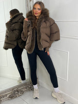 hooded puffer coat with faux fur trim - Brown