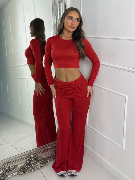 Long Sleeve Top & Fold Over Flared Co-ord - Red