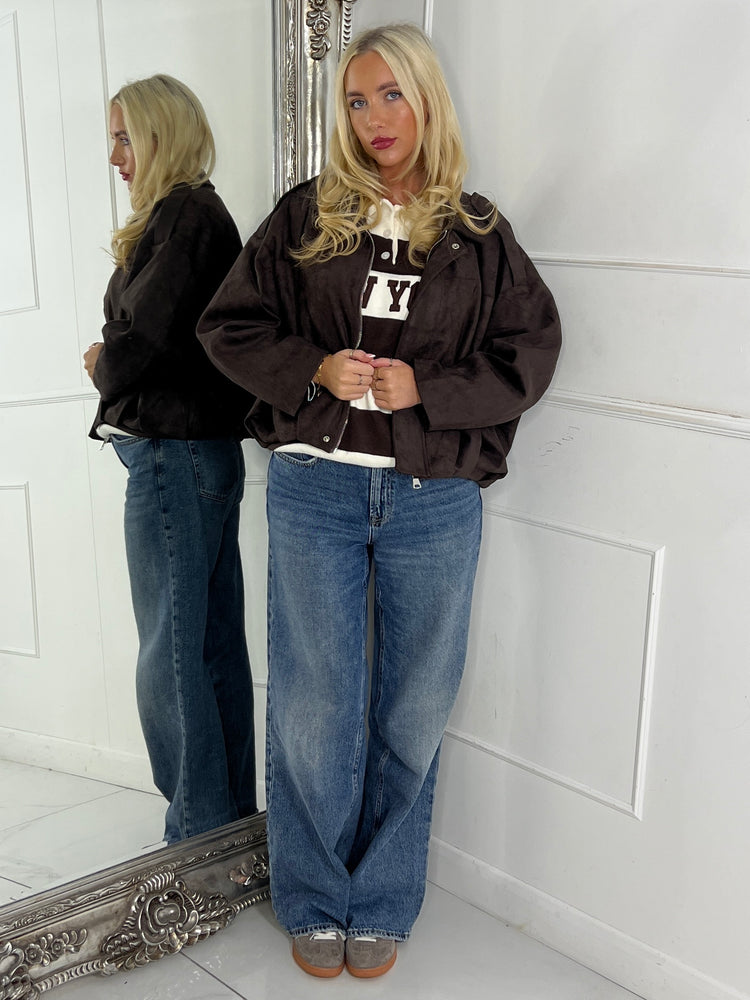 Suede Collared Oversized Bomber Jacket - Brown