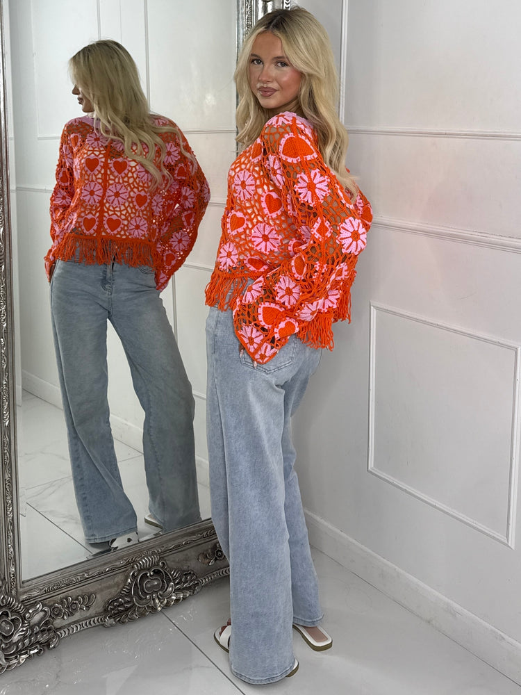 Patterned Crochet Long Sleeve Top with Tassel Detail - Orange/Pink