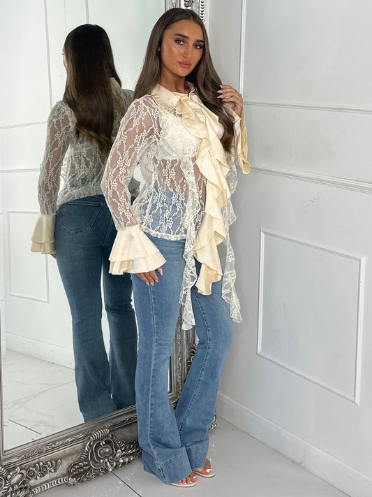 Lace Sheer Diamante Ruffle Shirt - Cream