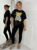 Leopard Print Teddy Oversized T-Shirt - Black