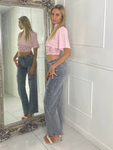 Padded Shoulder Cropped Tee With Lace Bra Underlayer - Baby Pink