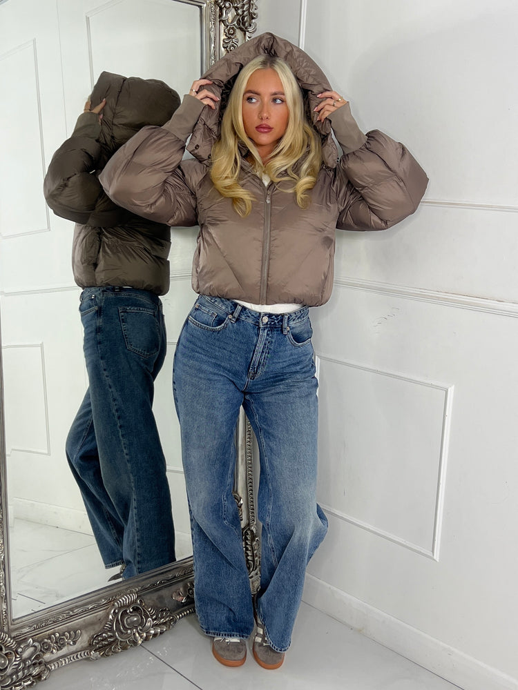 Puffer Coat With Detachable Hood - Taupe