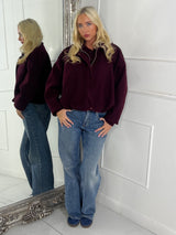 Collared Oversized Bomber Jacket - Wine