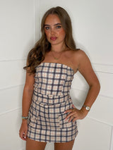 Belted Cargo Style Playsuit - Beige Check Print