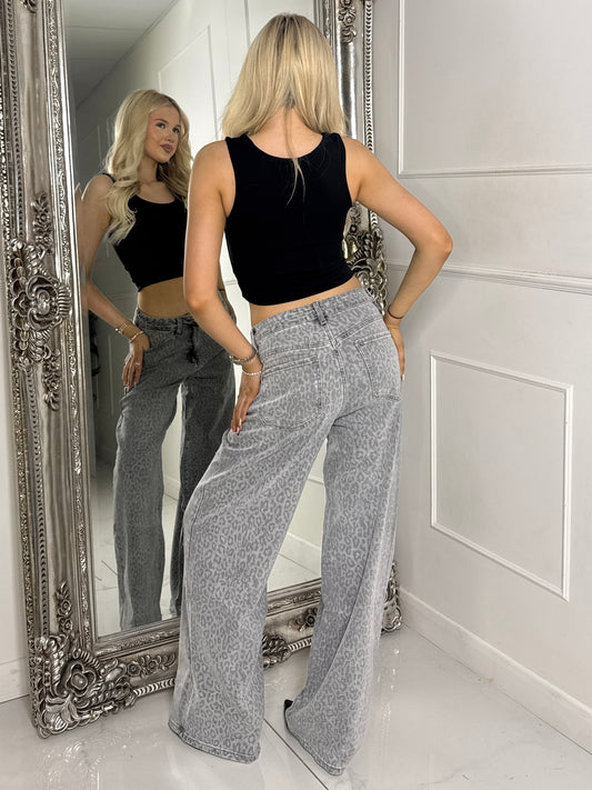 Leopard Print Wide Leg Jeans - Grey
