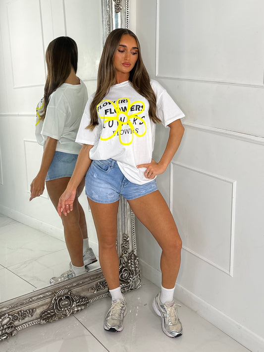 Lemon Flower Detail Oversized Tee - White