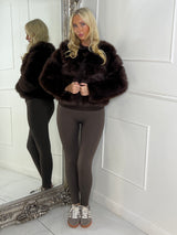 Tiered Faux Fur Round Neck Jacket - Brown